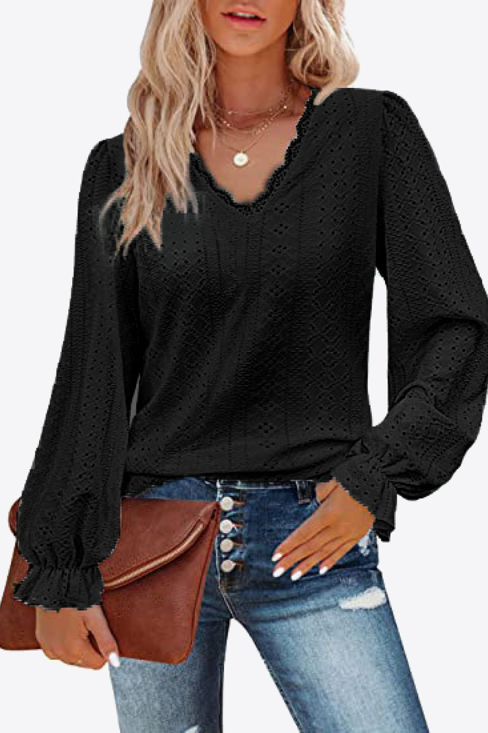 Eyelet V-Neck Flounce Sleeve Blouse Print on any thing USA/STOD clothes