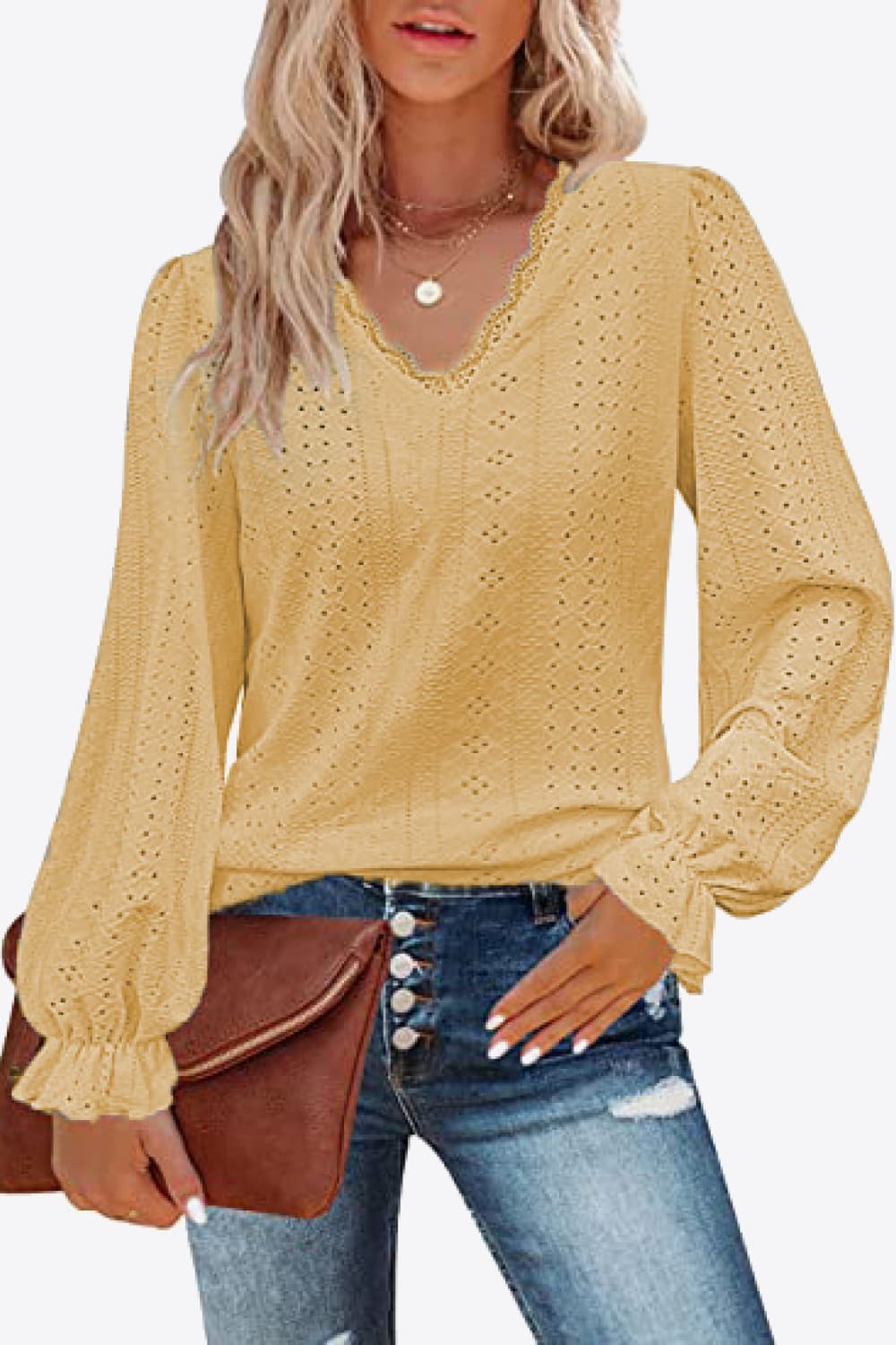 Eyelet V-Neck Flounce Sleeve Blouse Print on any thing USA/STOD clothes