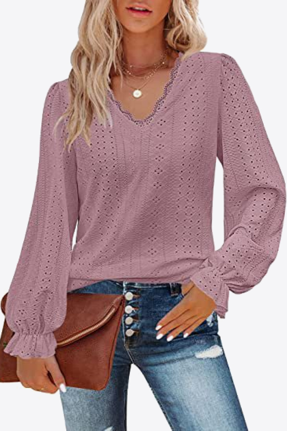 Eyelet V-Neck Flounce Sleeve Blouse Print on any thing USA/STOD clothes