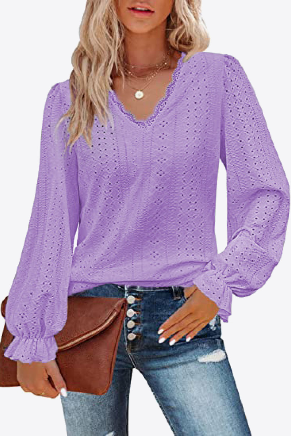 Eyelet V-Neck Flounce Sleeve Blouse Print on any thing USA/STOD clothes