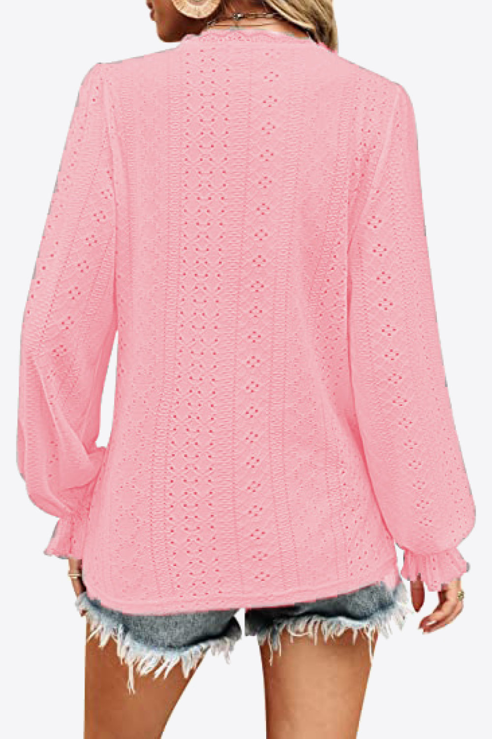 Eyelet V-Neck Flounce Sleeve Blouse Print on any thing USA/STOD clothes