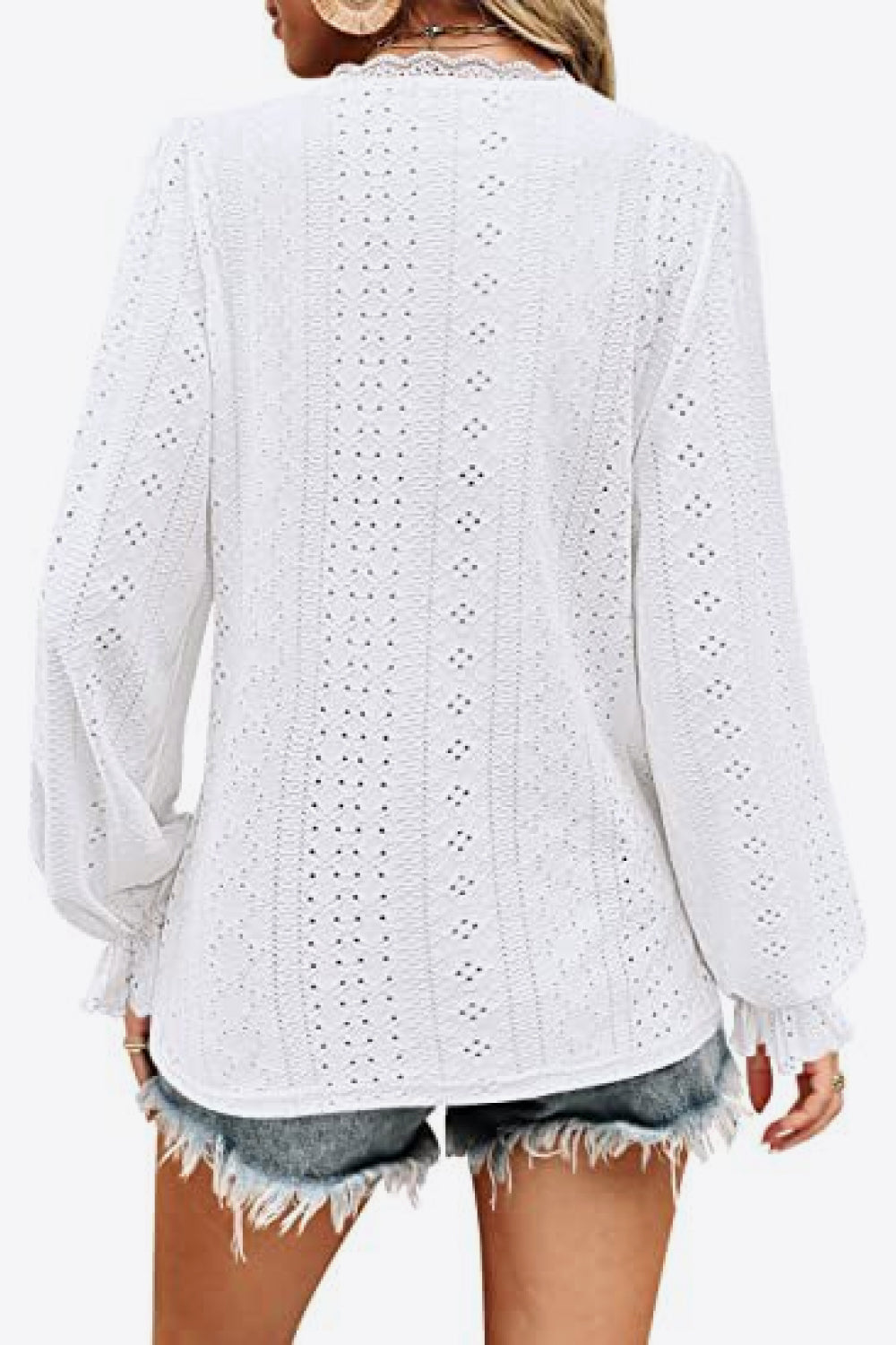 Eyelet V-Neck Flounce Sleeve Blouse Print on any thing USA/STOD clothes