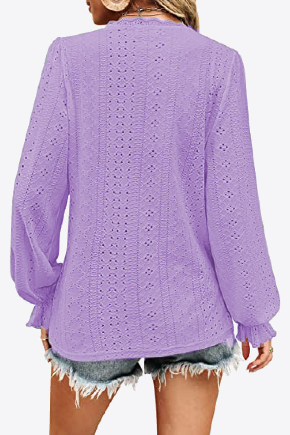 Eyelet V-Neck Flounce Sleeve Blouse Print on any thing USA/STOD clothes