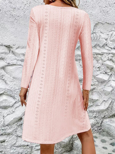 Eyelet V-Neck Long Sleeve Mini Dress Print on any thing USA/STOD clothes