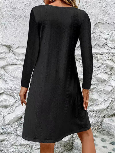 Eyelet V-Neck Long Sleeve Mini Dress Print on any thing USA/STOD clothes