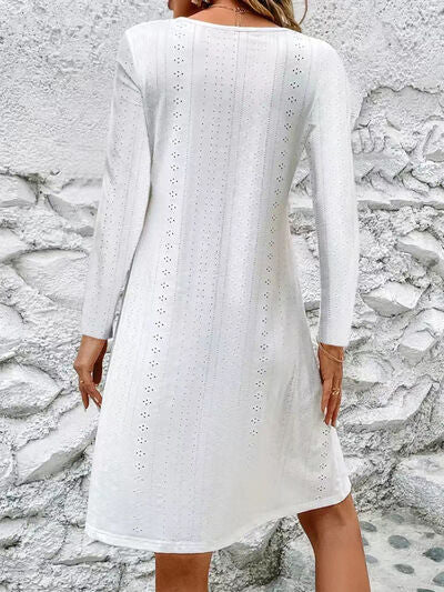 Eyelet V-Neck Long Sleeve Mini Dress Print on any thing USA/STOD clothes