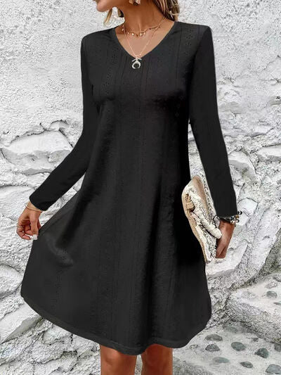 Eyelet V-Neck Long Sleeve Mini Dress Print on any thing USA/STOD clothes