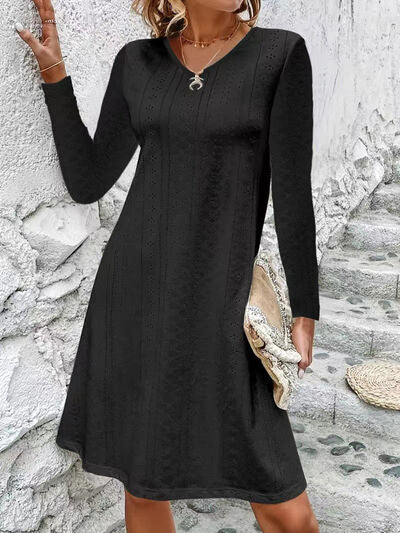 Eyelet V-Neck Long Sleeve Mini Dress Print on any thing USA/STOD clothes