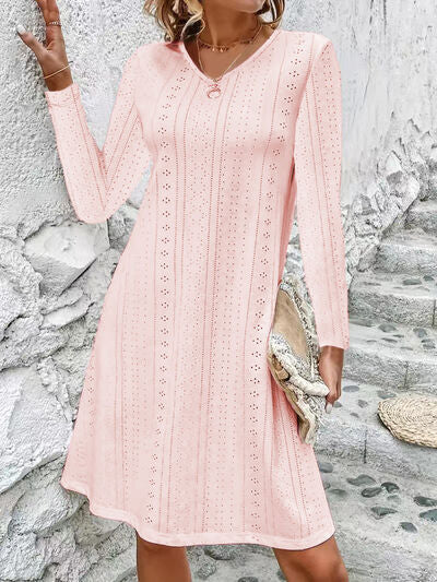 Eyelet V-Neck Long Sleeve Mini Dress Print on any thing USA/STOD clothes