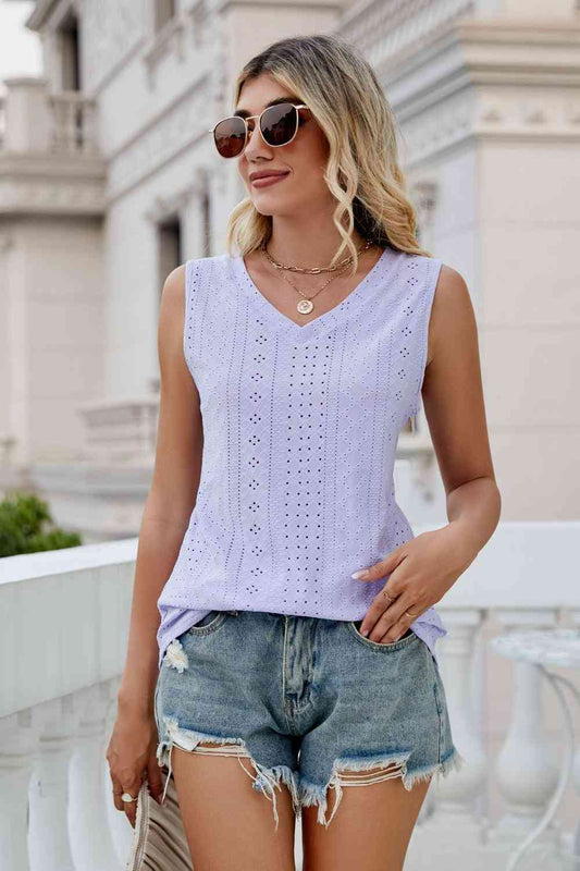 Eyelet V-Neck Tank Print on any thing USA/STOD clothes