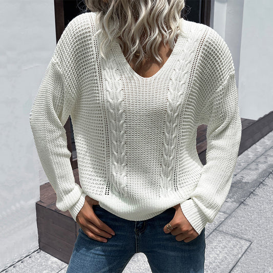 Women's white long sleeve v-neck twist sweater