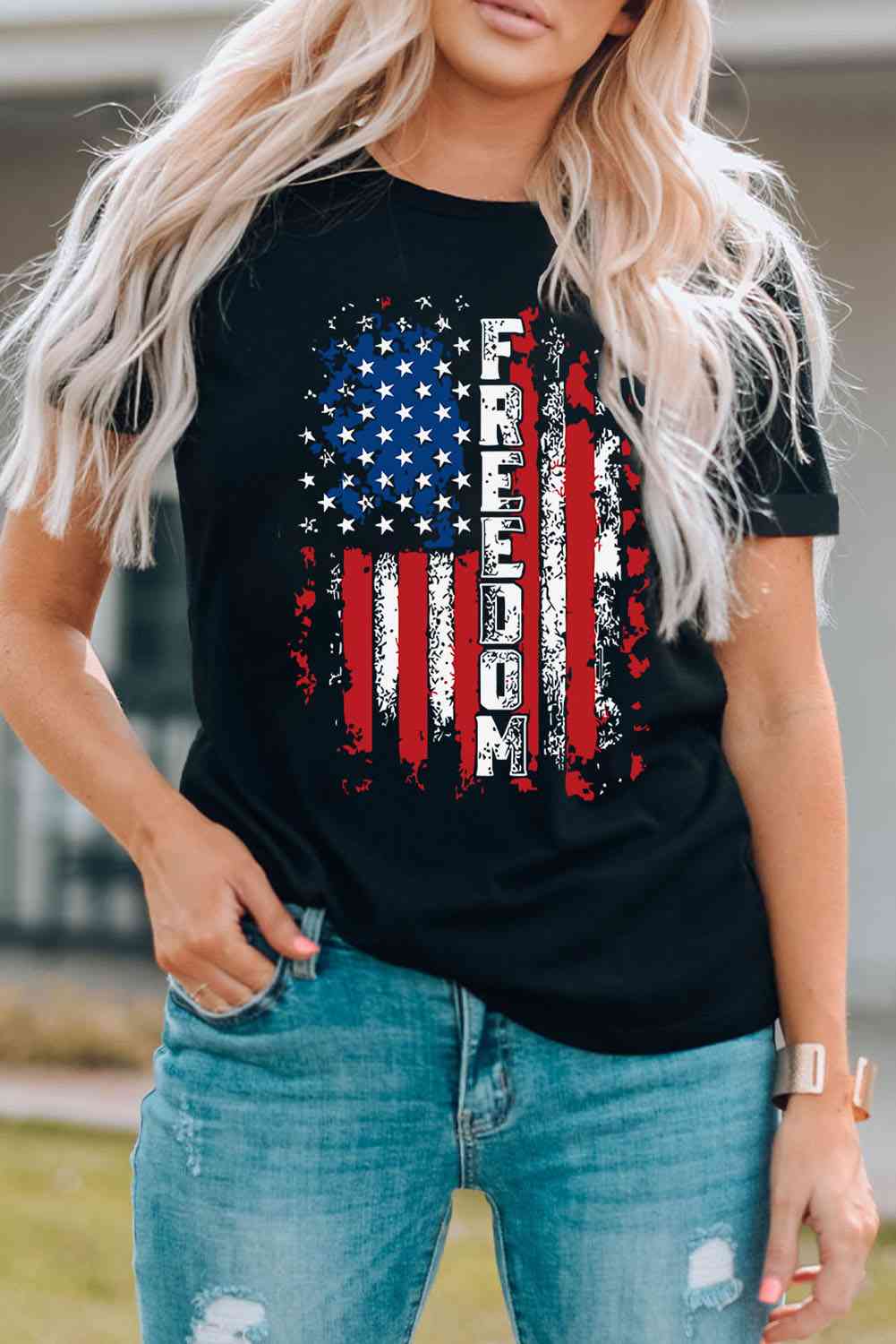 FREEDOM US Flag Graphic Round Neck Tee Print on any thing USA/STOD clothes