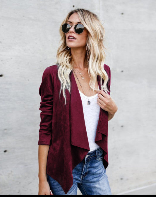 Lapel collar solid color suede casual women's small suit jacket