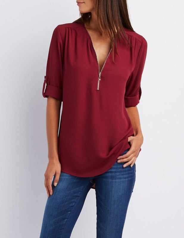 V-neck zipper large size long-sleeved pull-sleeve loose commuter chiffon shirt