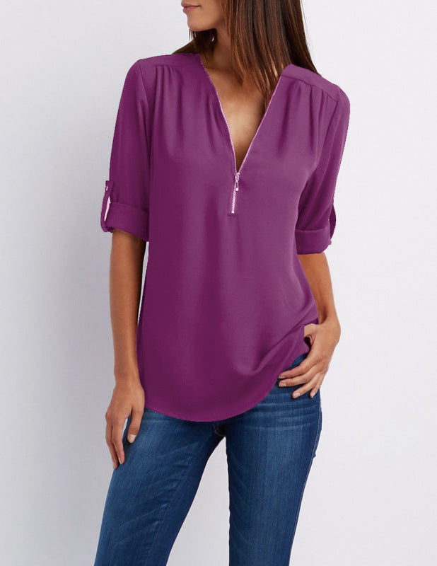 V-neck zipper large size long-sleeved pull-sleeve loose commuter chiffon shirt