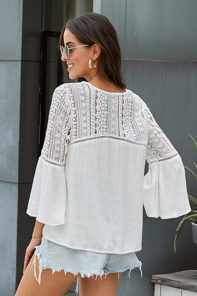 Flare Sleeve Spliced Lace V-Neck Shirt Print on any thing USA/STOD clothes