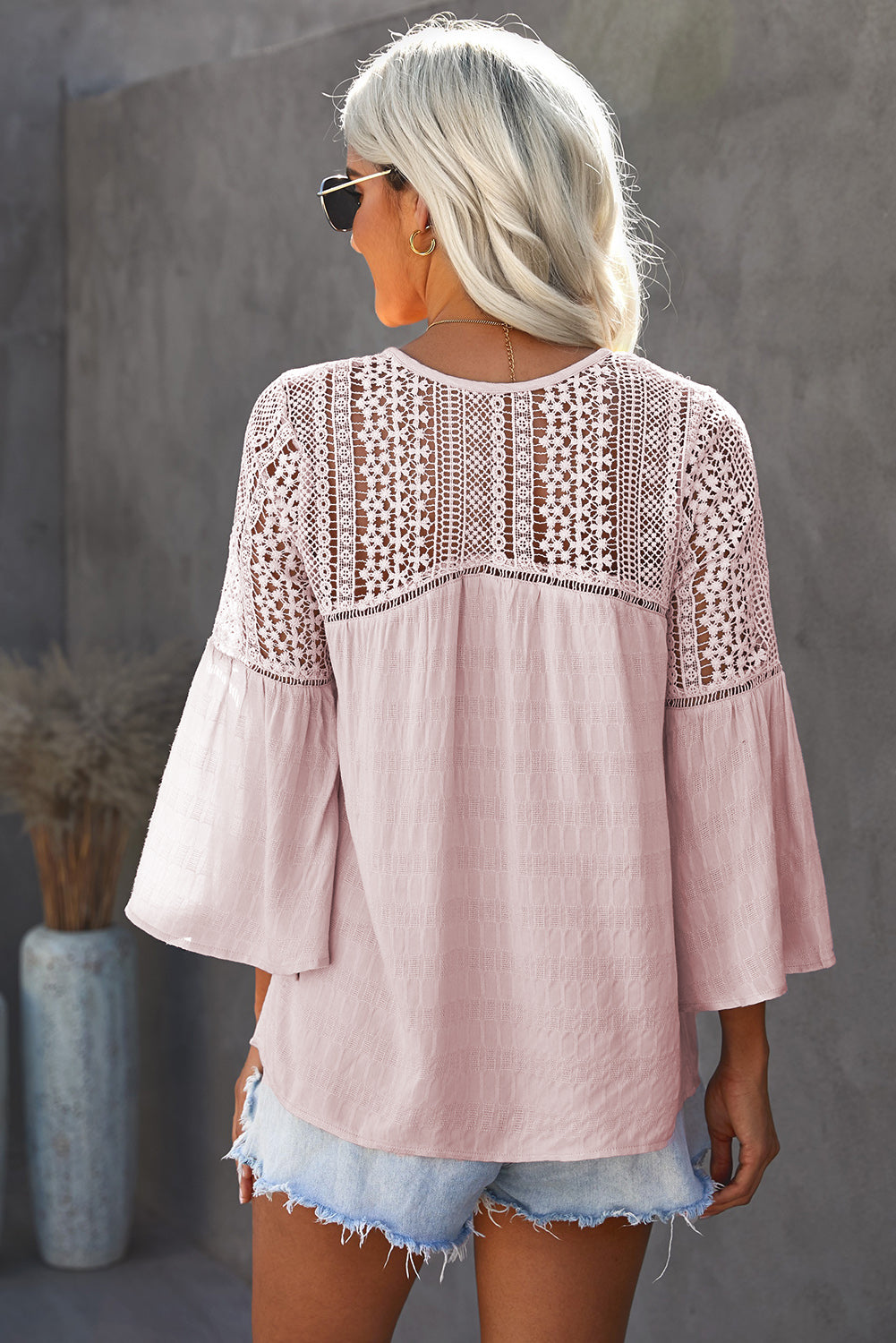 Flare Sleeve Spliced Lace V-Neck Shirt Print on any thing USA/STOD clothes
