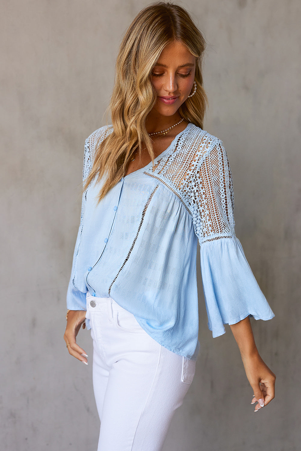 Flare Sleeve Spliced Lace V-Neck Shirt Print on any thing USA/STOD clothes