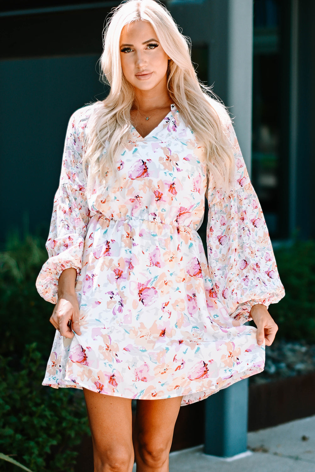 Floral Bubble Sleeve V-Neck Dress Print on any thing USA/STOD clothes