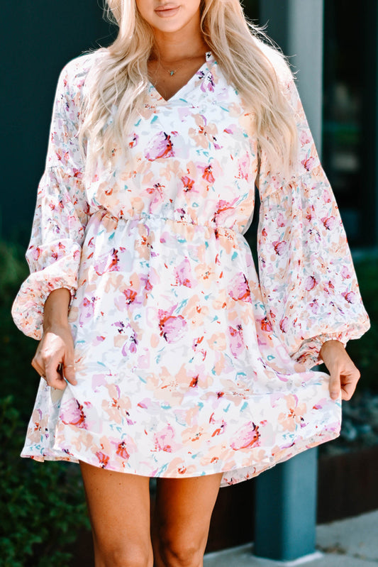 Floral Bubble Sleeve V-Neck Dress Print on any thing USA/STOD clothes
