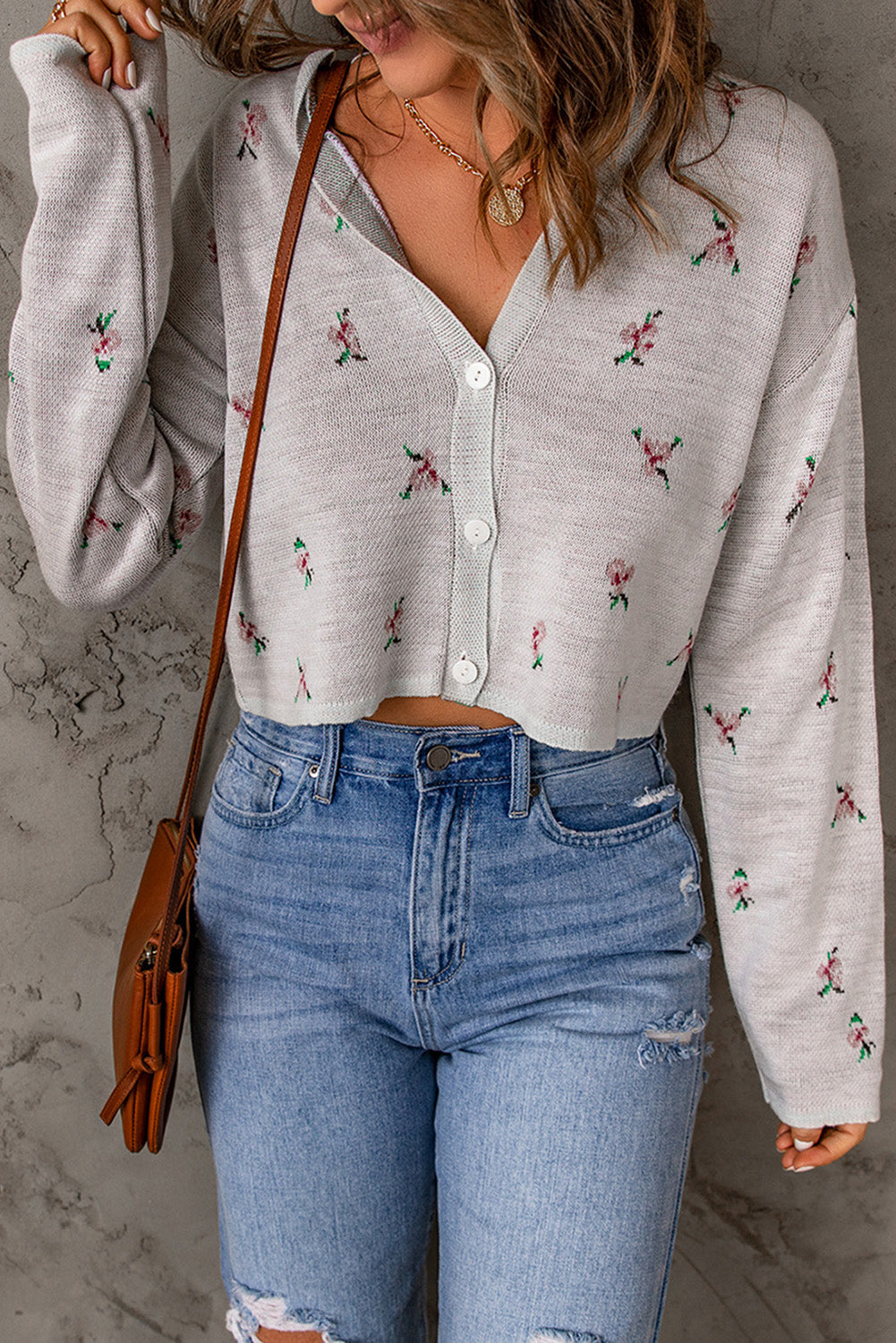 Floral Button Down Cropped Cardigan Print on any thing USA/STOD clothes