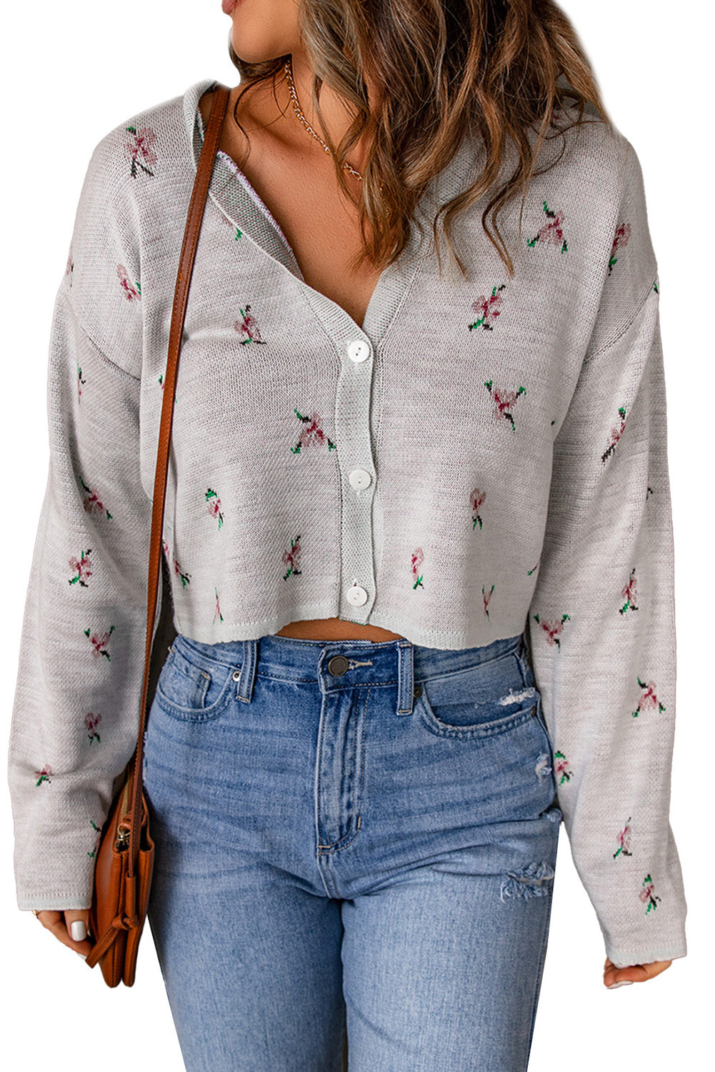 Floral Button Down Cropped Cardigan Print on any thing USA/STOD clothes