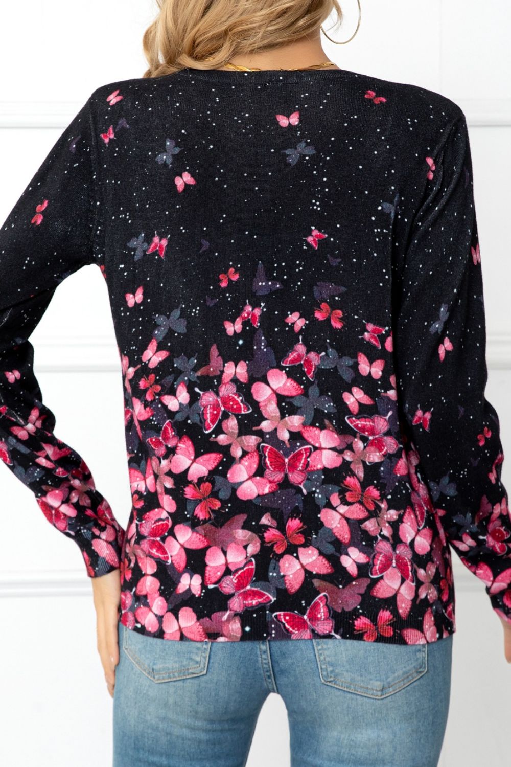 Floral Button Front Round Neck Cardigan Print on any thing USA/STOD clothes
