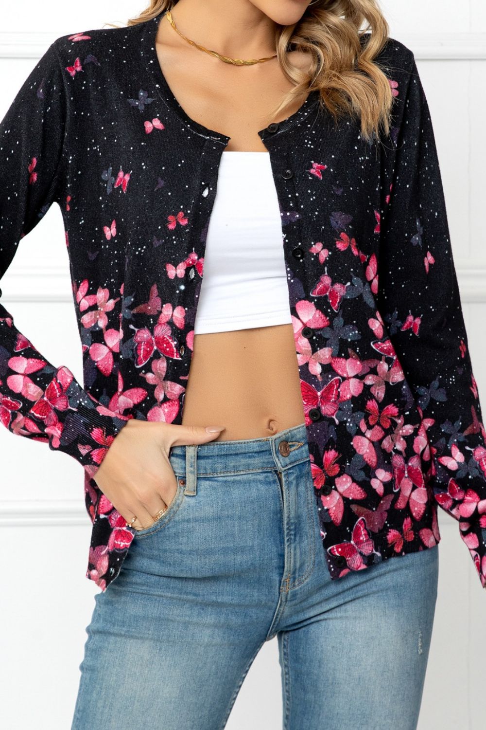 Floral Button Front Round Neck Cardigan Print on any thing USA/STOD clothes