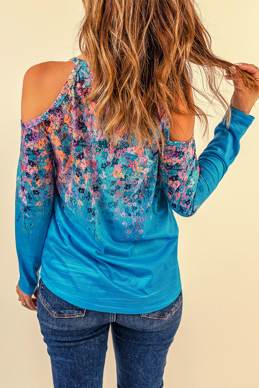 Floral Cold-Shoulder Long Sleeve Round Neck Top Print on any thing USA/STOD clothes