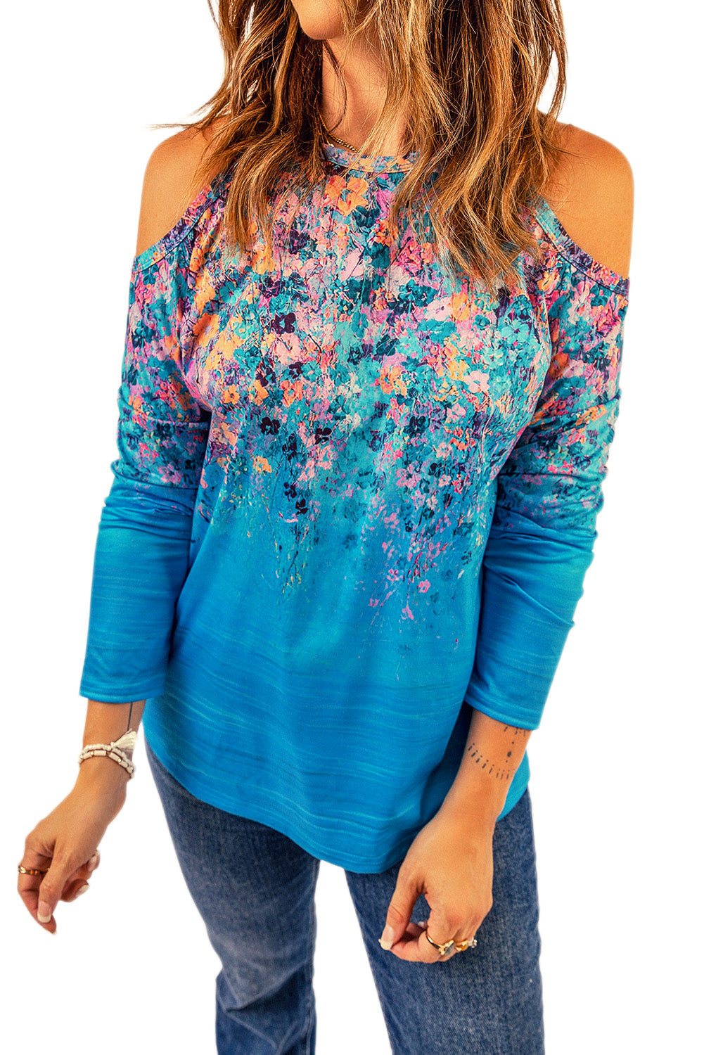 Floral Cold-Shoulder Long Sleeve Round Neck Top Print on any thing USA/STOD clothes