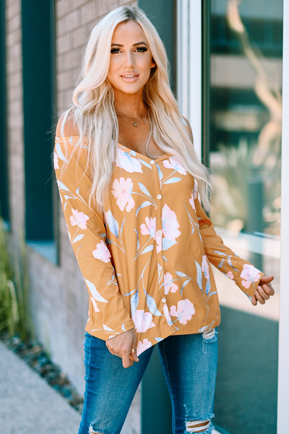 Floral Cold-Shoulder Long Sleeve Top Print on any thing USA/STOD clothes