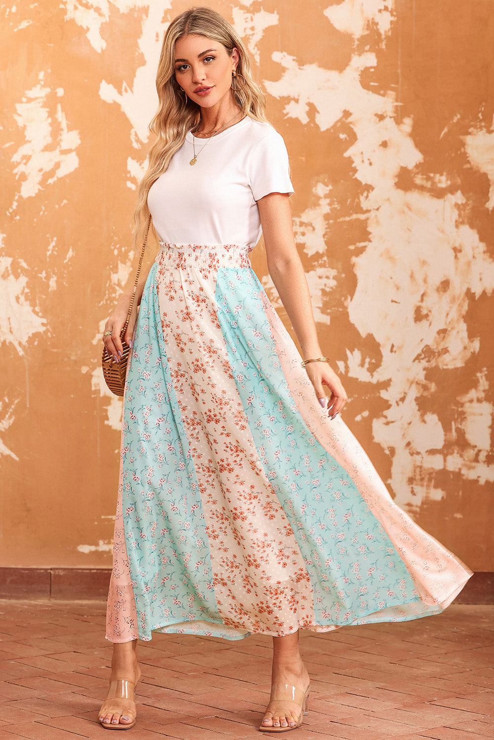 Floral Color Block Smocked Waist Maxi Skirt Print on any thing USA/STOD clothes