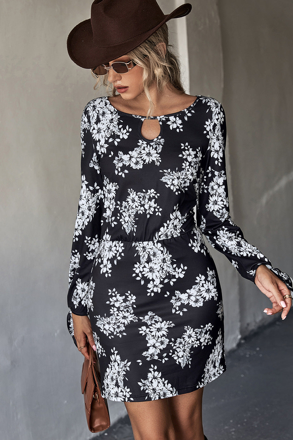 Floral Cutout Tie Cuff Mini Dress Print on any thing USA/STOD clothes