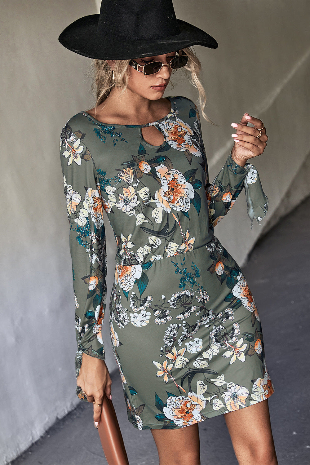 Floral Cutout Tie Cuff Mini Dress Print on any thing USA/STOD clothes