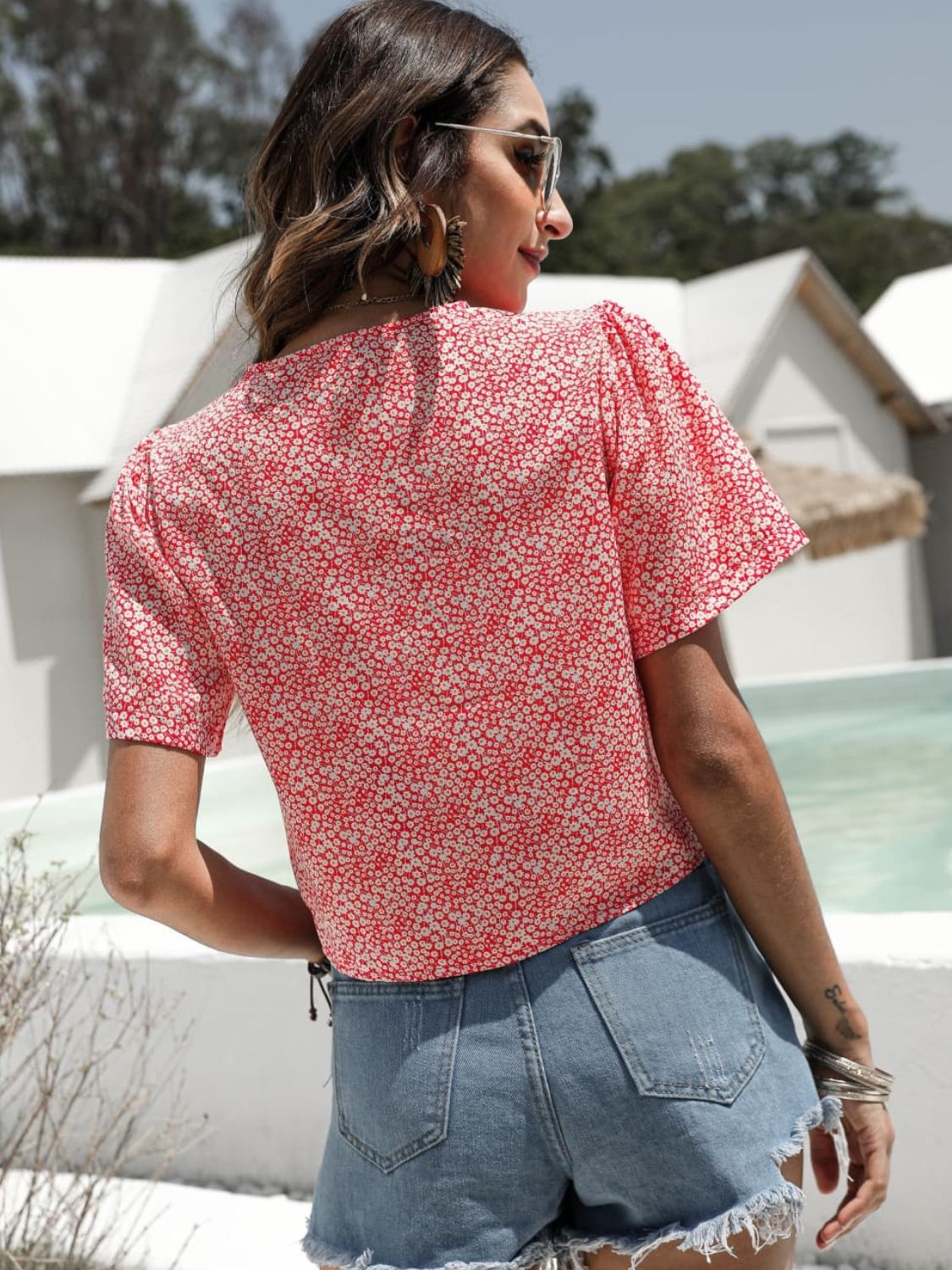 Floral Drawstring Deep V Cropped Blouse Print on any thing USA/STOD clothes