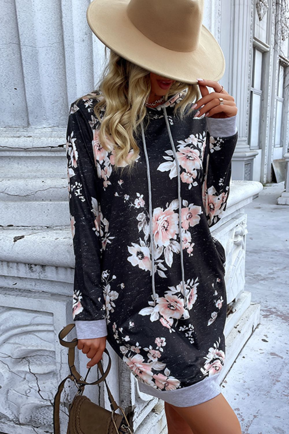 Floral Drawstring Detail Hoodie Dress Print on any thing USA/STOD clothes