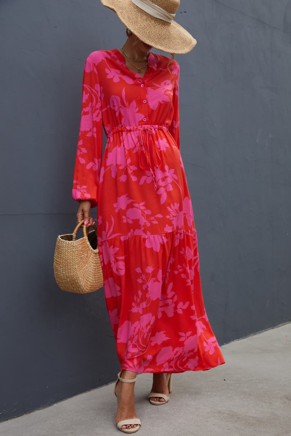 Floral Drawstring Waist Long Sleeve Dress Print on any thing USA/STOD clothes