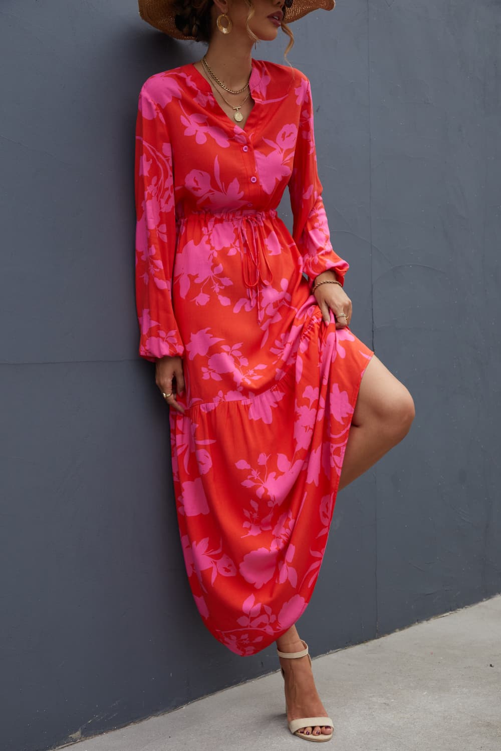 Floral Drawstring Waist Long Sleeve Dress Print on any thing USA/STOD clothes