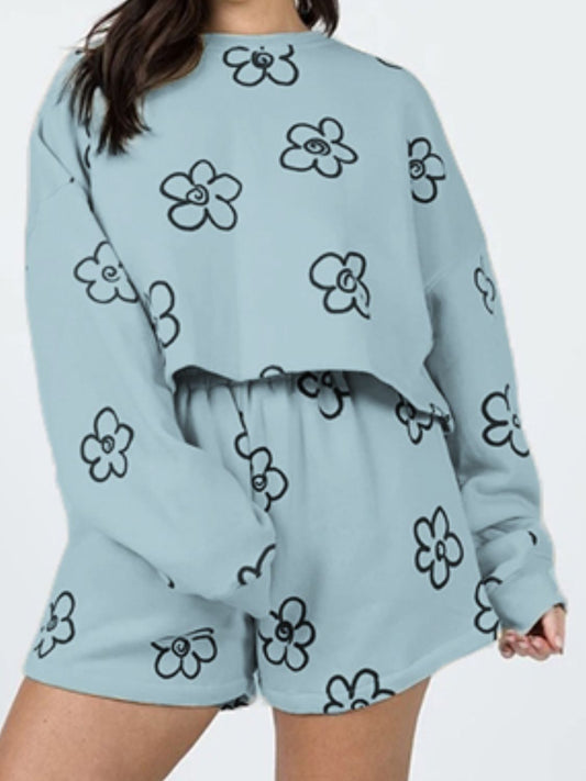 Floral Dropped Shoulder Sweatshirt and Shorts Set Print on any thing USA/STOD clothes