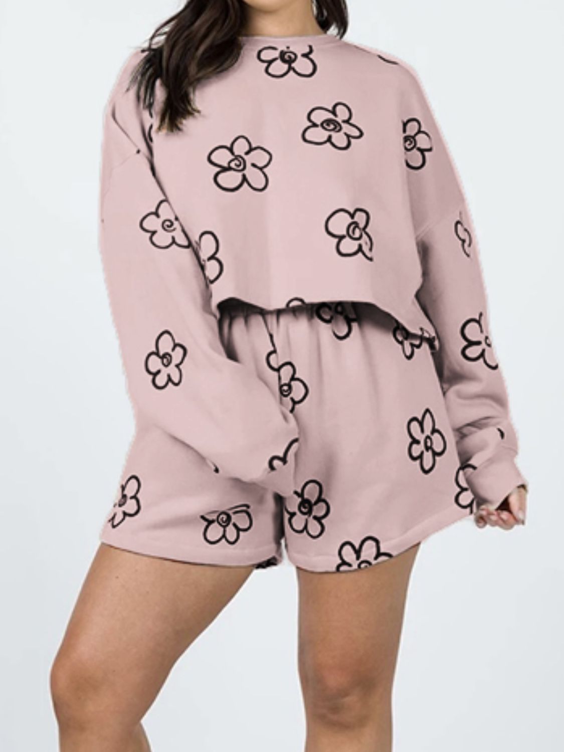 Floral Dropped Shoulder Sweatshirt and Shorts Set Print on any thing USA/STOD clothes