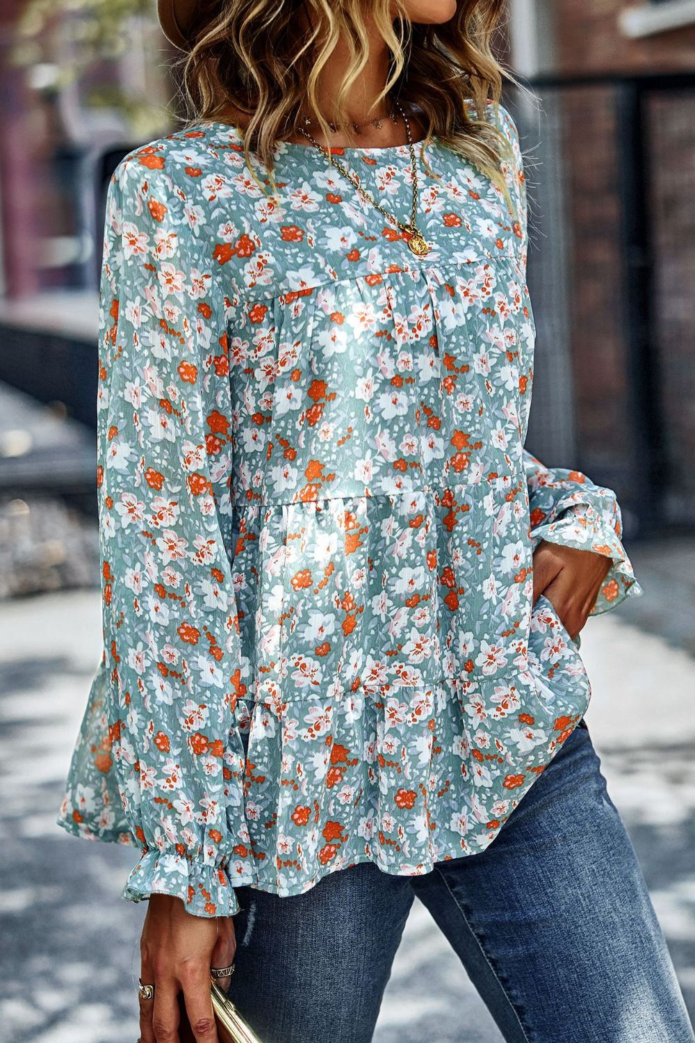 Floral Flounce Sleeve Tiered Blouse Print on any thing USA/STOD clothes