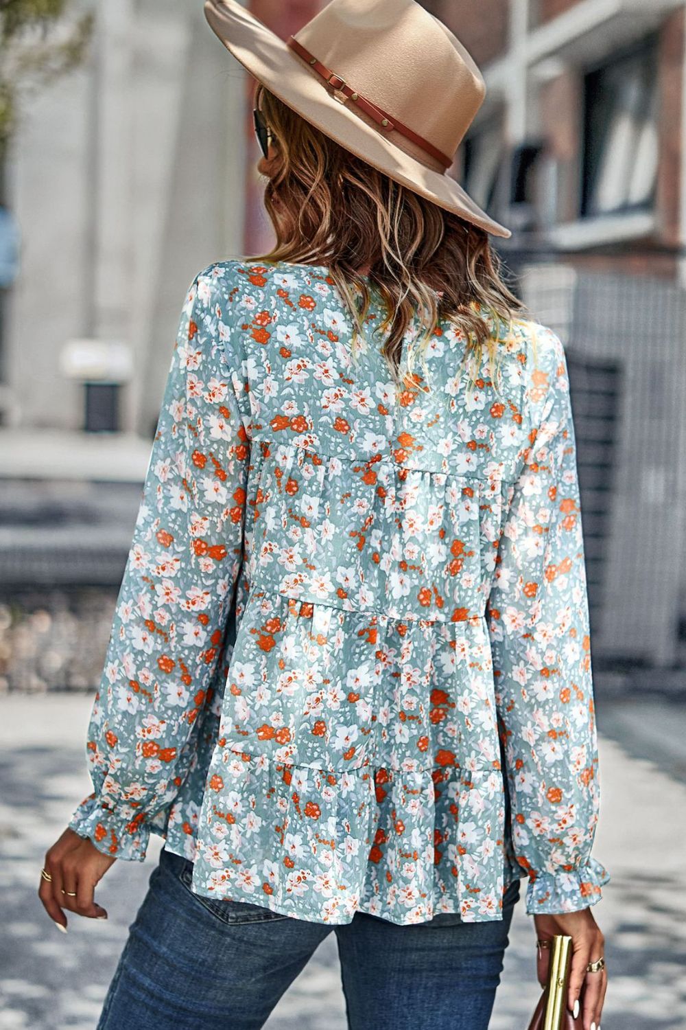 Floral Flounce Sleeve Tiered Blouse Print on any thing USA/STOD clothes