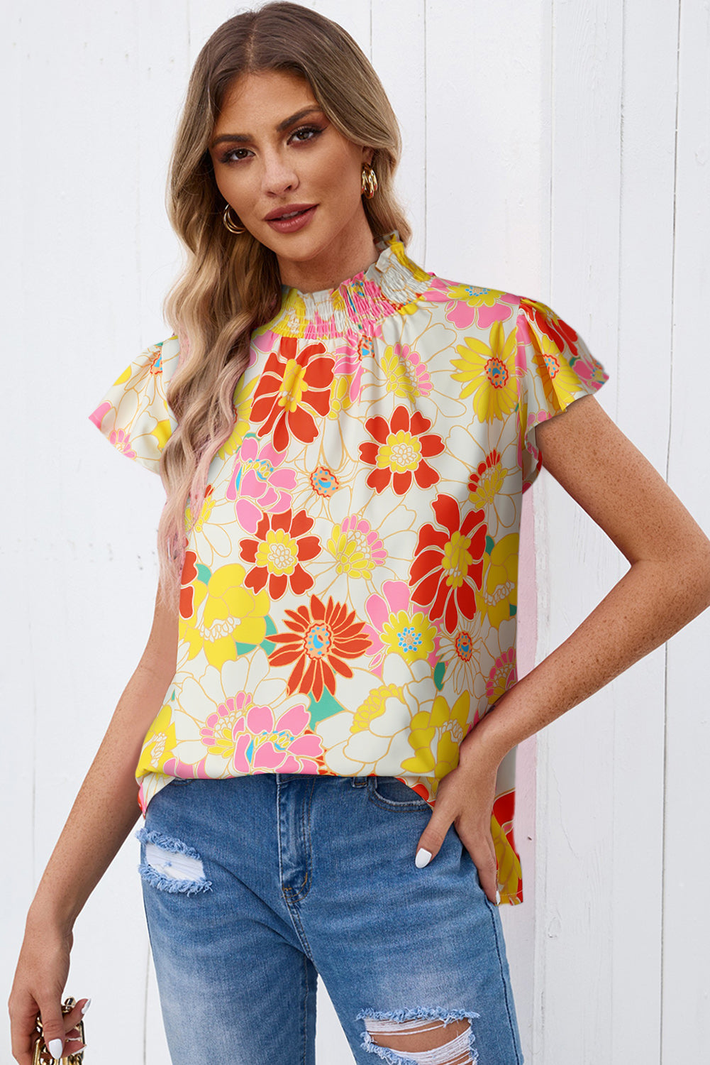 Floral Frill Neck Smocked Flutter Sleeve Blouse Print on any thing USA/STOD clothes