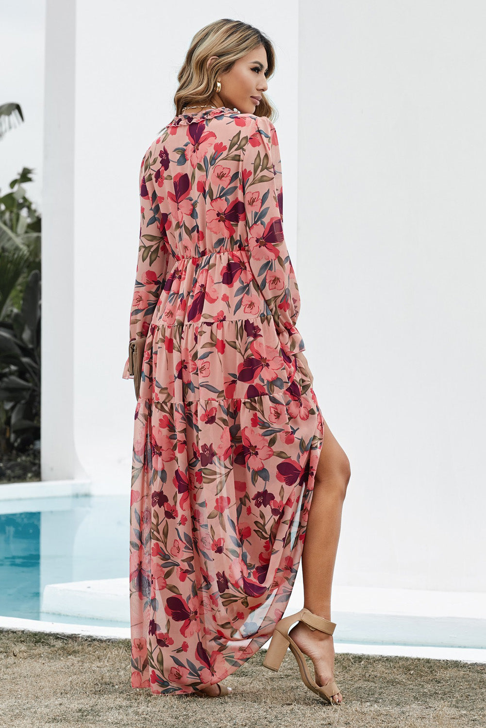 Floral Frill Trim Flounce Sleeve Plunge Maxi Dress Print on any thing USA/STOD clothes