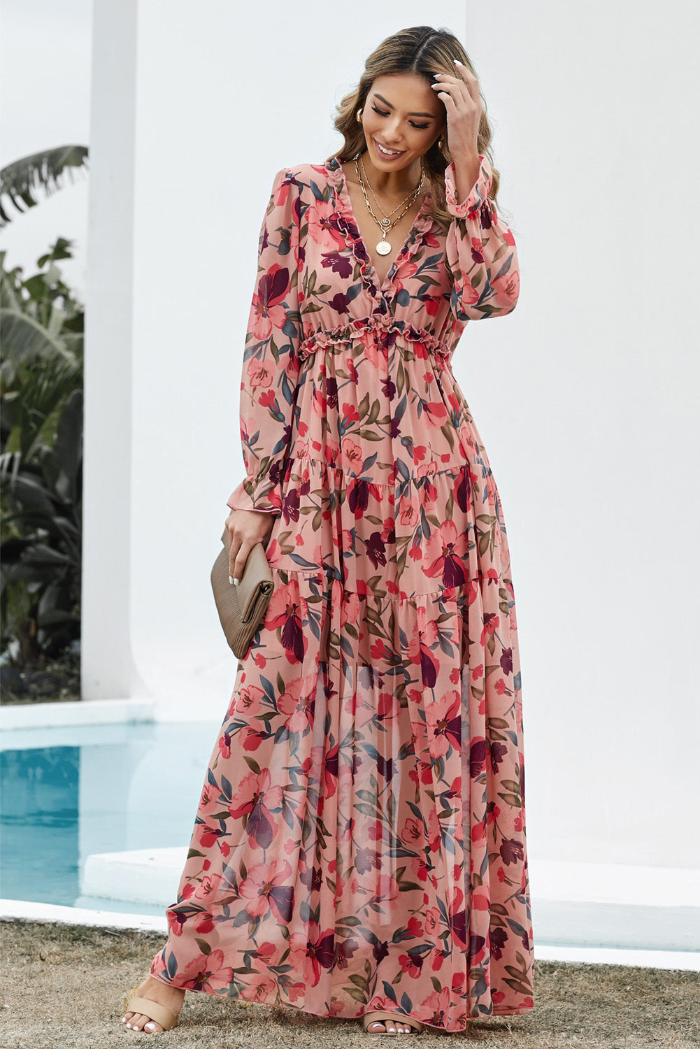 Floral Frill Trim Flounce Sleeve Plunge Maxi Dress Print on any thing USA/STOD clothes