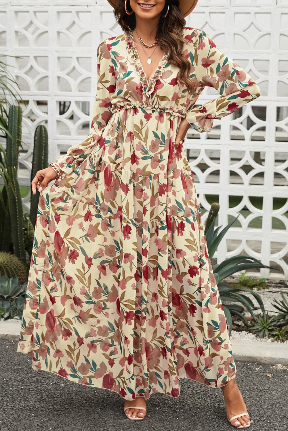 Floral Frill Trim Flounce Sleeve Plunge Maxi Dress Print on any thing USA/STOD clothes