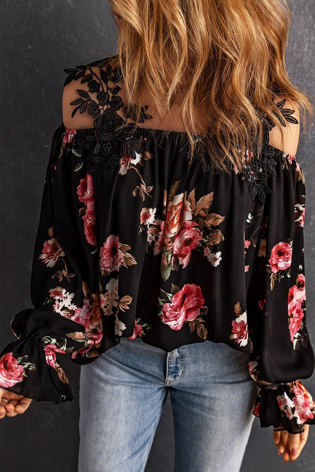 Floral Lace Cold-Shoulder Flounce Sleeve Blouse Print on any thing USA/STOD clothes