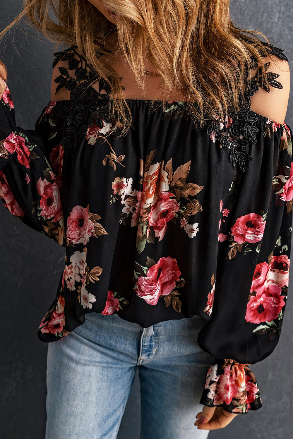 Floral Lace Cold-Shoulder Flounce Sleeve Blouse Print on any thing USA/STOD clothes