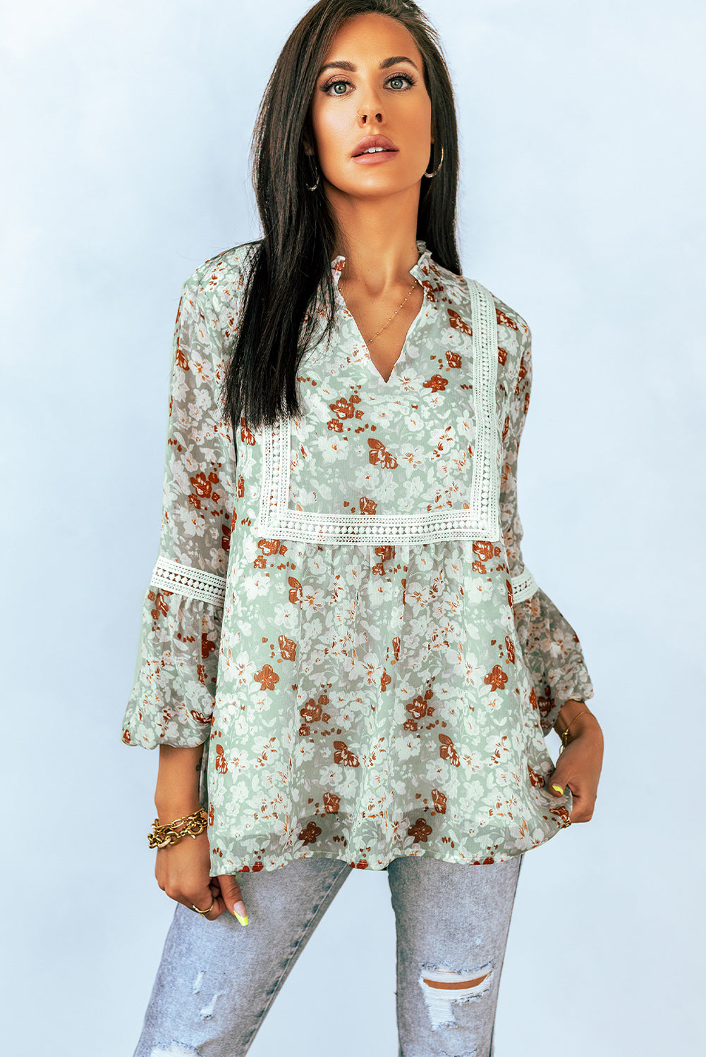 Floral Lace Trim Blouse Print on any thing USA/STOD clothes