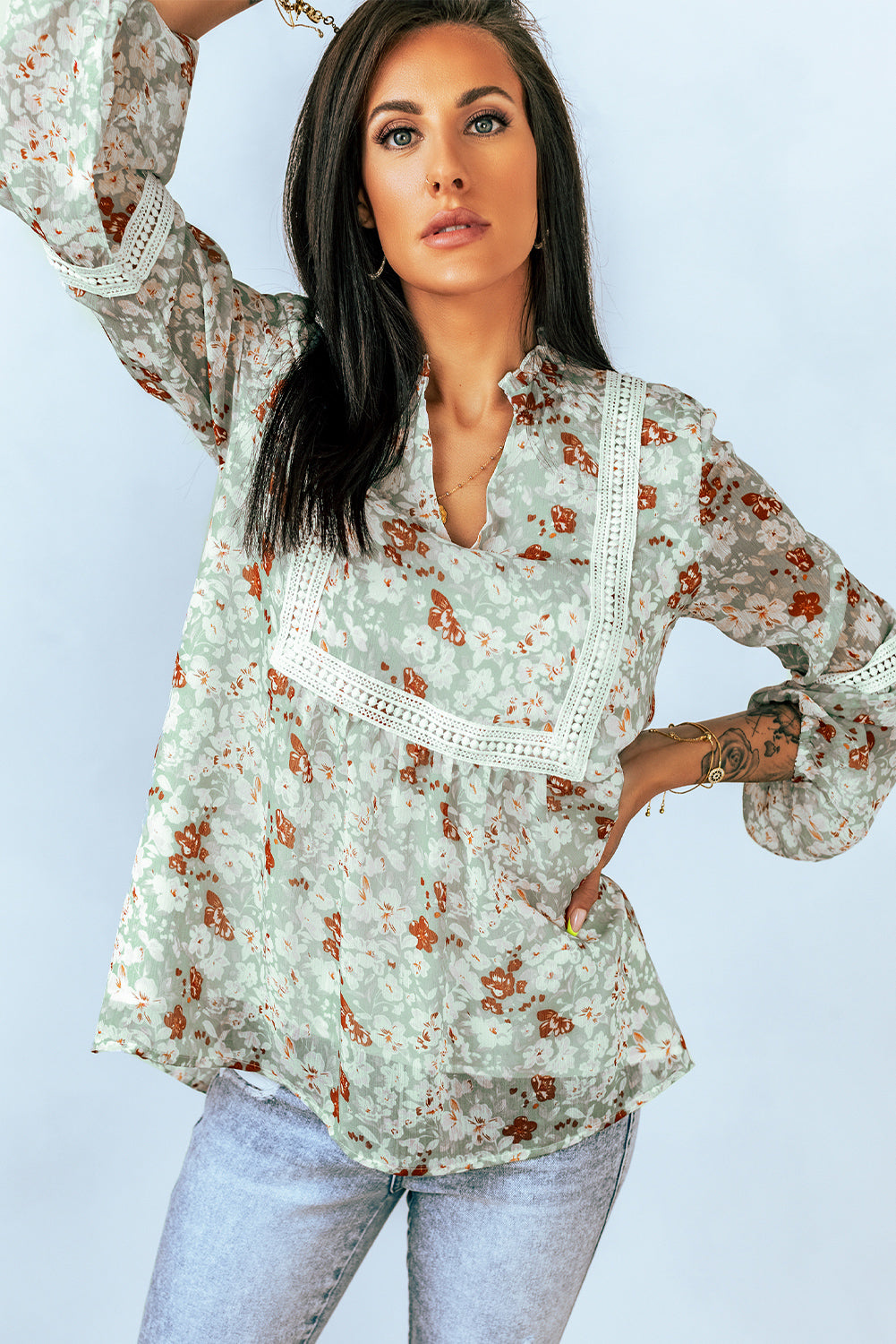 Floral Lace Trim Blouse Print on any thing USA/STOD clothes